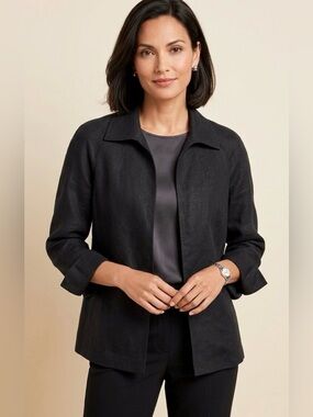 Talbots Black 100% Irish Linen Raglan Sleeve Open-Front Jacket Topper | Size S